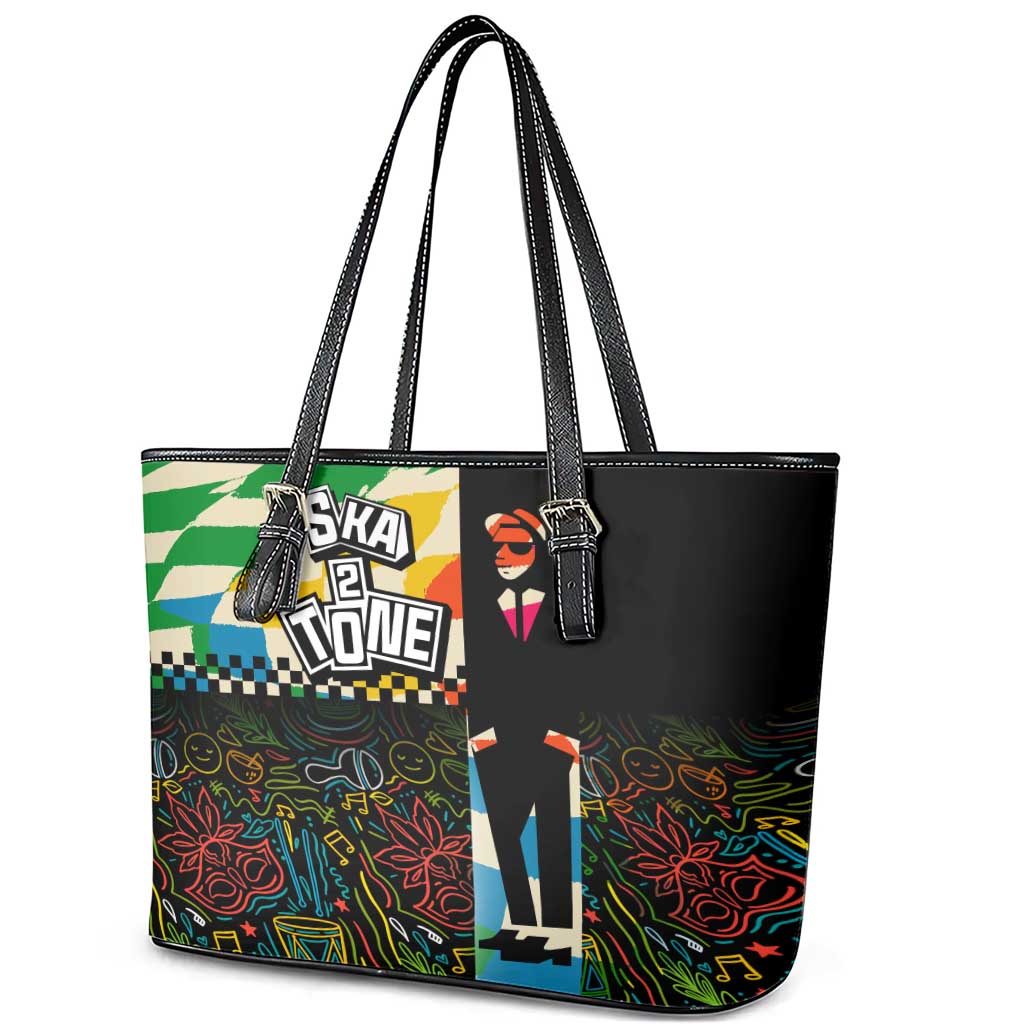 Ska Two Tone Leather Tote Bag with Colorful Checkerboard Music Art Carnival Festival - Wonder Print Shop