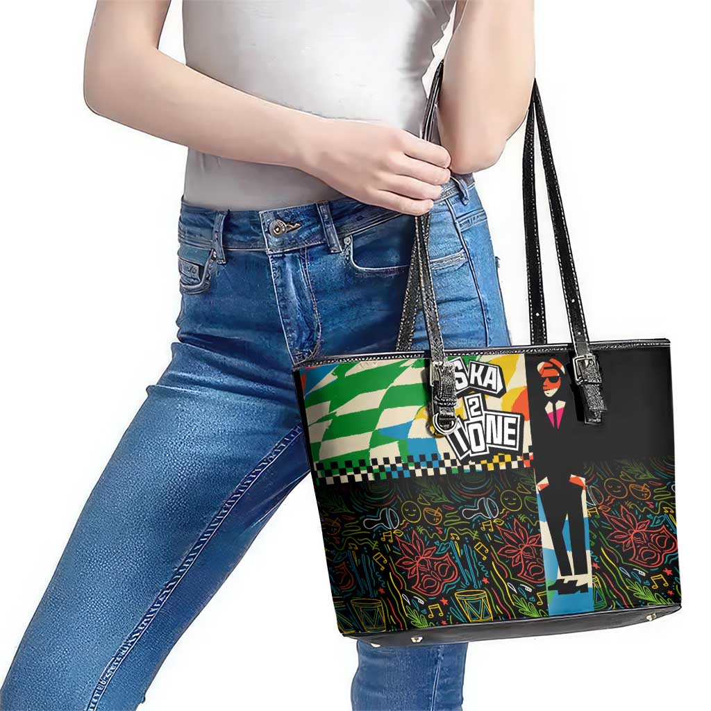 Ska Two Tone Leather Tote Bag with Colorful Checkerboard Music Art Carnival Festival - Wonder Print Shop