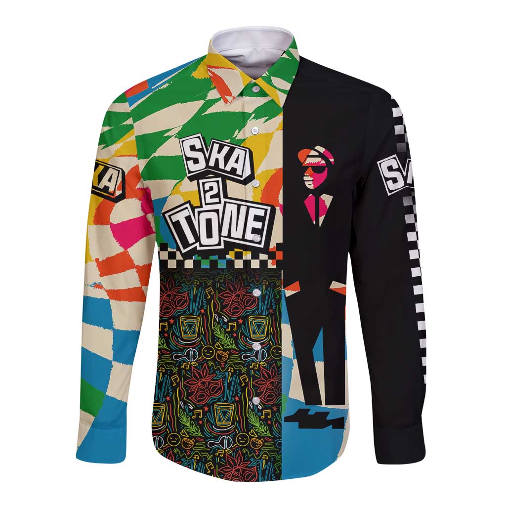 Ska Two Tone Long Sleeve Button Shirt with Colorful Checkerboard Music Art Carnival Festival - Wonder Print Shop