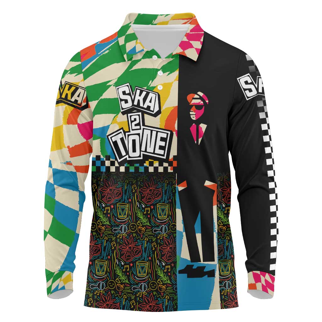 Ska Two Tone Long Sleeve Polo Shirt with Colorful Checkerboard Music Art Carnival Festival - Wonder Print Shop