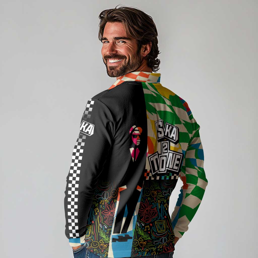 Ska Two Tone Long Sleeve Polo Shirt with Colorful Checkerboard Music Art Carnival Festival - Wonder Print Shop