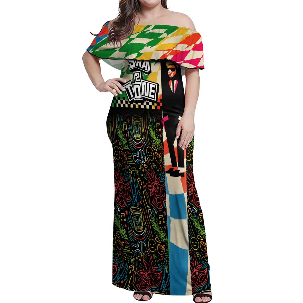 Ska Two Tone Off Shoulder Maxi Dress with Colorful Checkerboard Music Art Carnival Festival - Wonder Print Shop