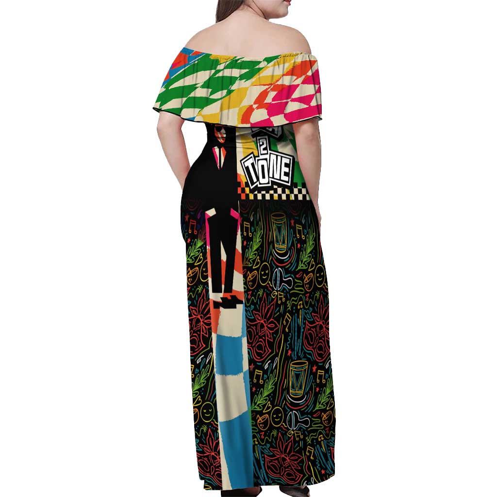 Ska Two Tone Off Shoulder Maxi Dress with Colorful Checkerboard Music Art Carnival Festival - Wonder Print Shop