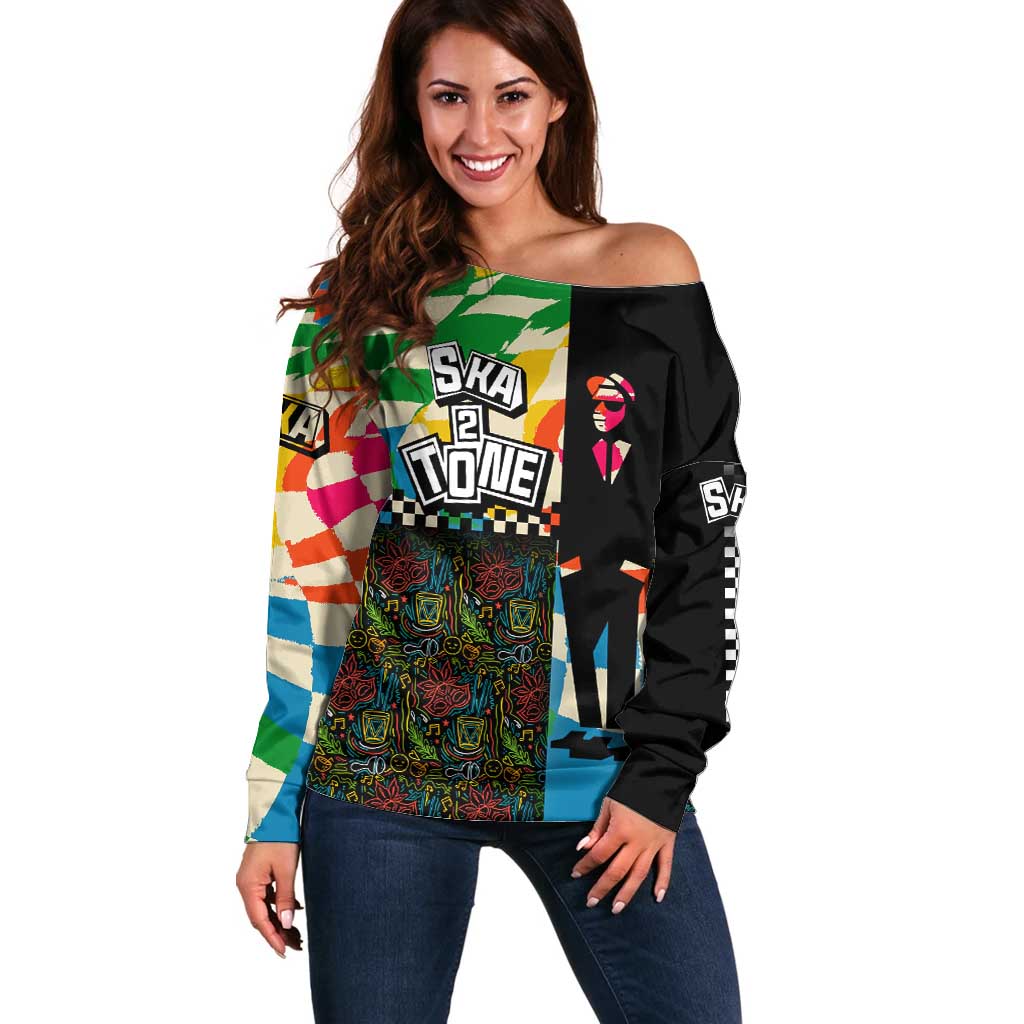 Ska Two Tone Off Shoulder Sweater with Colorful Checkerboard Music Art Carnival Festival - Wonder Print Shop
