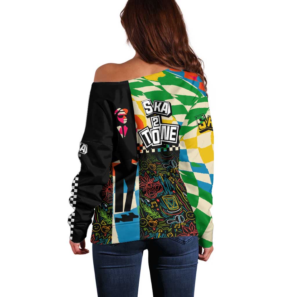 Ska Two Tone Off Shoulder Sweater with Colorful Checkerboard Music Art Carnival Festival - Wonder Print Shop