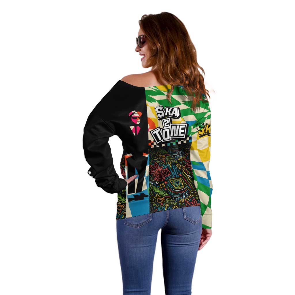 Ska Two Tone Off Shoulder Sweater with Colorful Checkerboard Music Art Carnival Festival - Wonder Print Shop