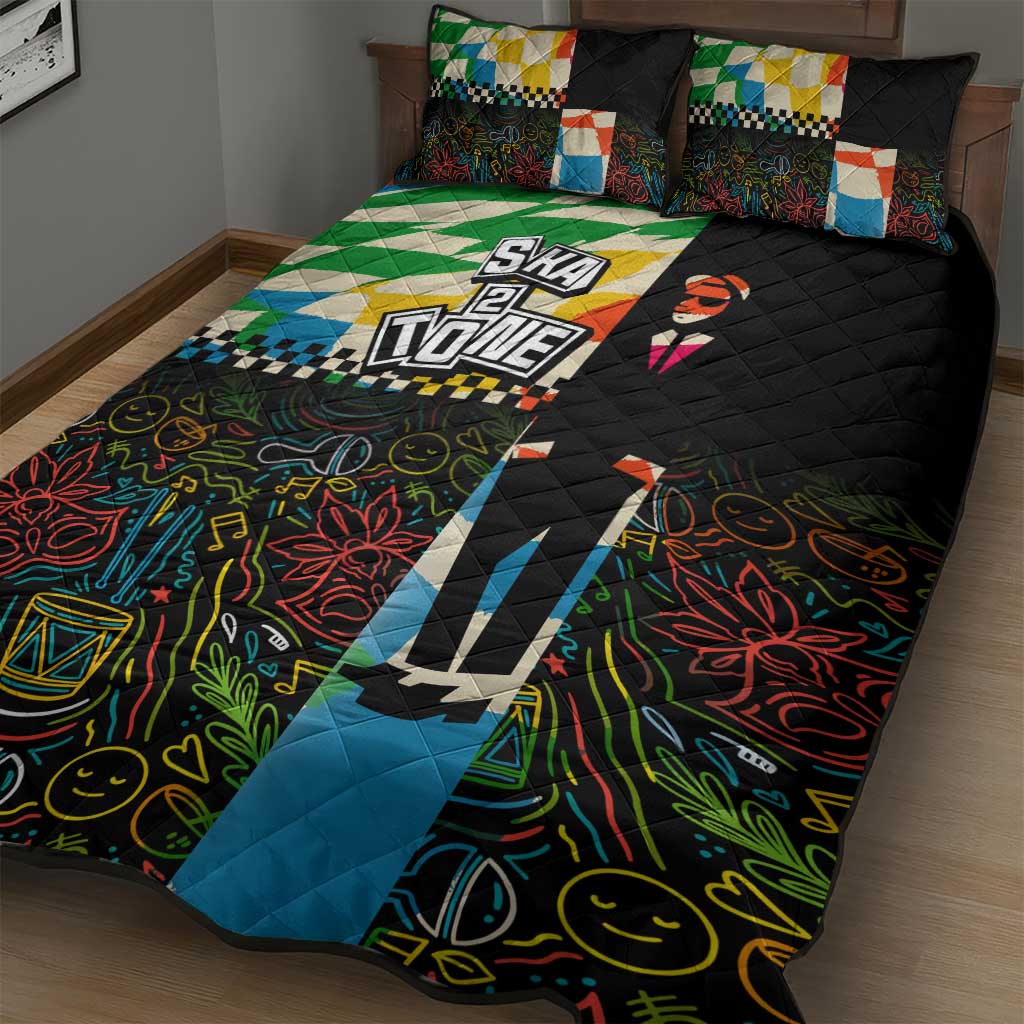 Ska Two Tone Quilt Bed Set with Colorful Checkerboard Music Art Carnival Festival - Wonder Print Shop