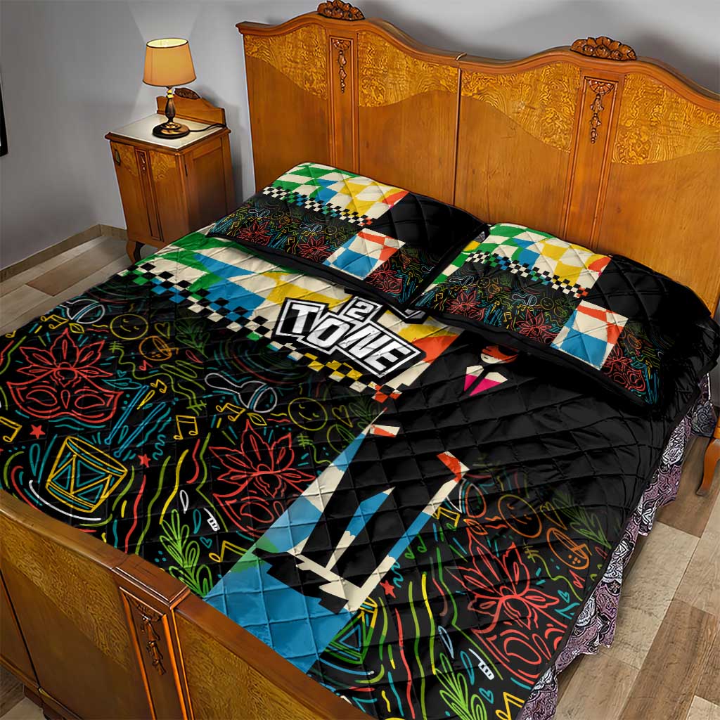Ska Two Tone Quilt Bed Set with Colorful Checkerboard Music Art Carnival Festival - Wonder Print Shop