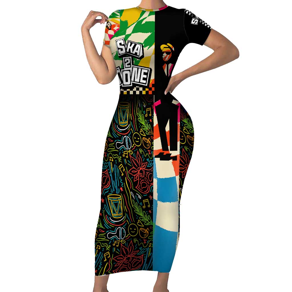 Ska Two Tone Short Sleeve Bodycon Dress with Colorful Checkerboard Music Art Carnival Festival - Wonder Print Shop