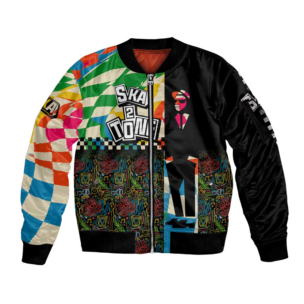 Ska Two Tone Sleeve Zip Bomber Jacket with Colorful Checkerboard Music Art Carnival Festival - Wonder Print Shop