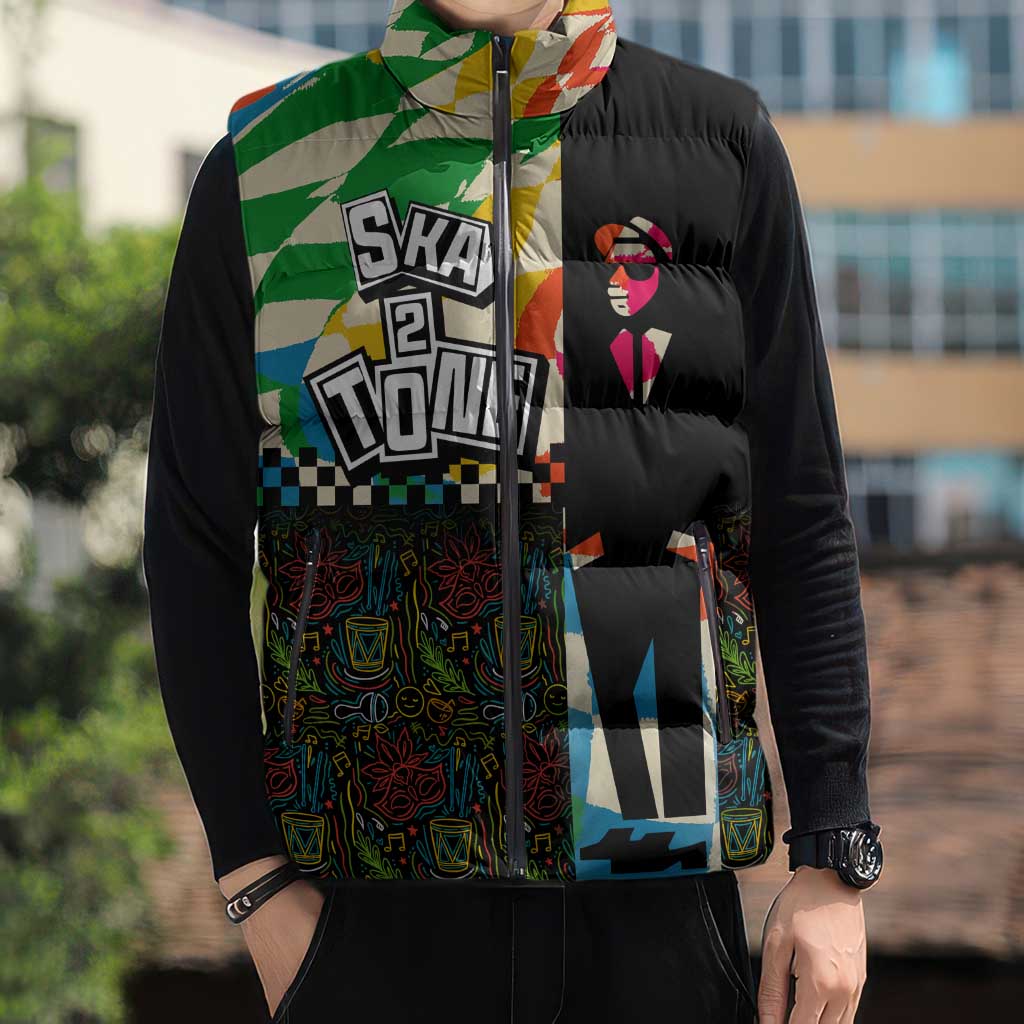 Ska Two Tone Sleeveless Puffer Jacket with Colorful Checkerboard Music Art Carnival Festival - Wonder Print Shop