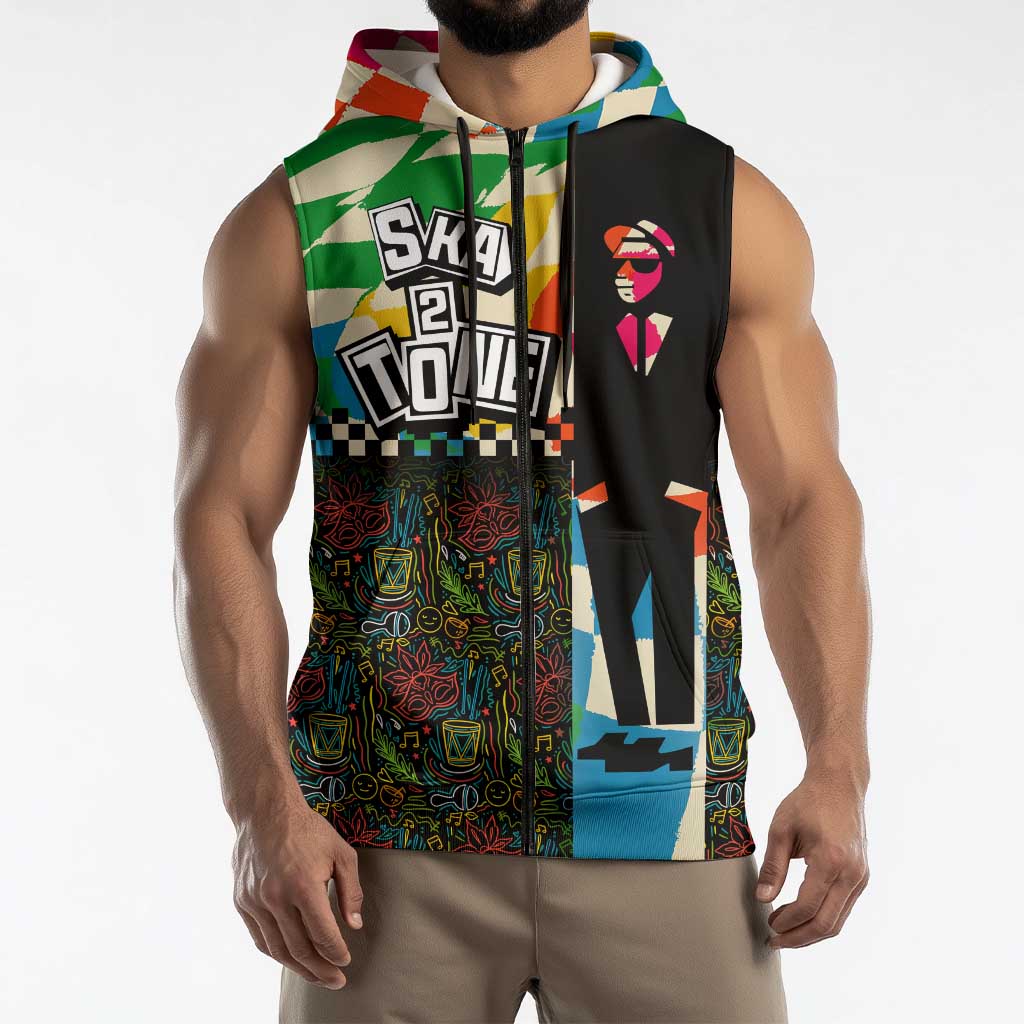 Ska Two Tone Sleeveless Zip Hoodie with Colorful Checkerboard Music Art Carnival Festival - Wonder Print Shop