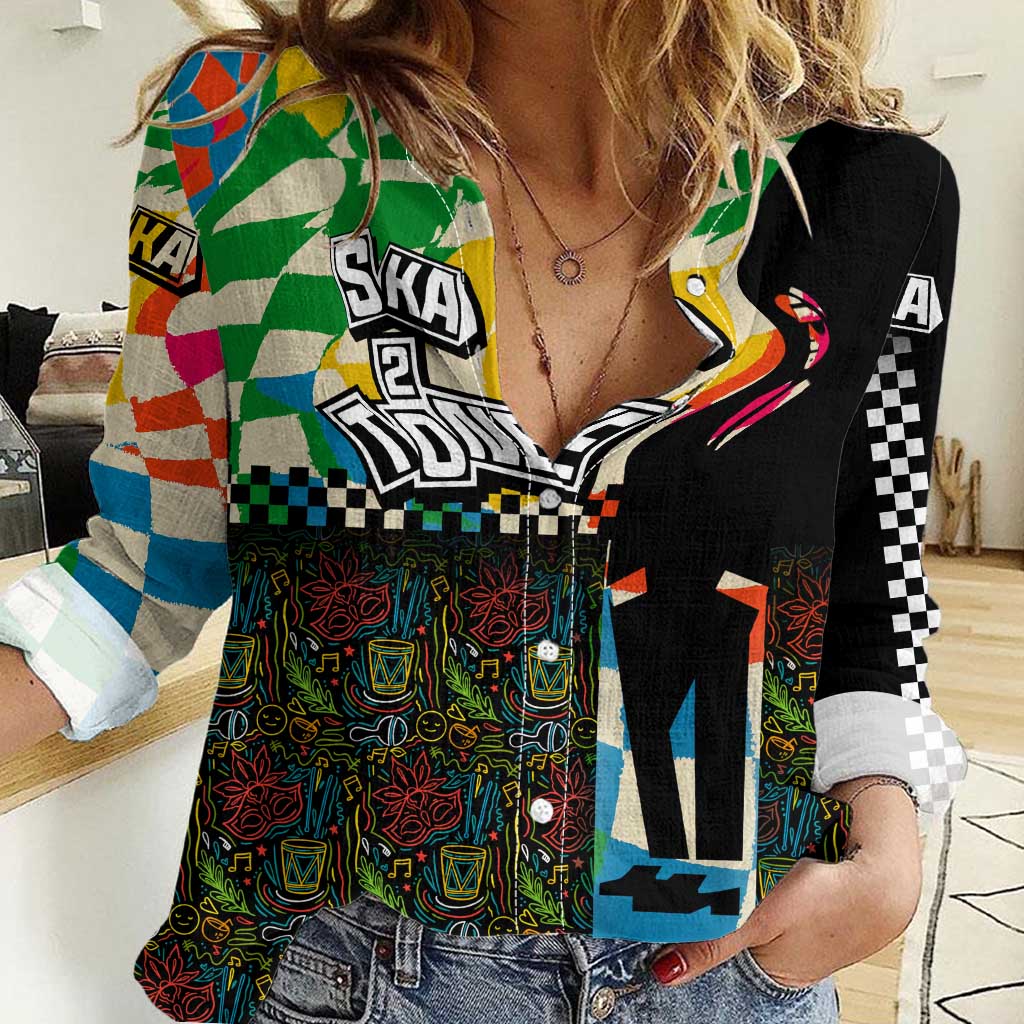 Ska Two Tone Women Casual Shirt with Colorful Checkerboard Music Art Carnival Festival - Wonder Print Shop