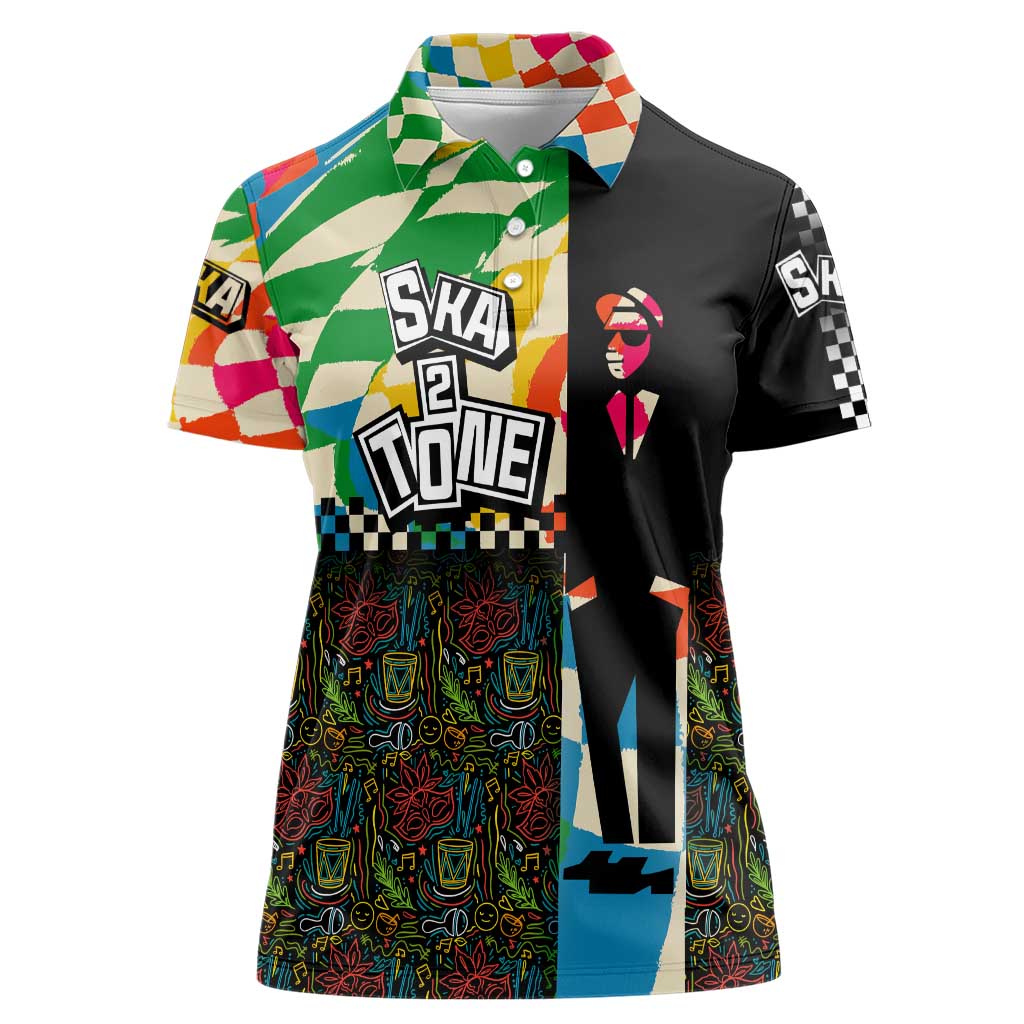 Ska Two Tone Women Polo Shirt with Colorful Checkerboard Music Art Carnival Festival - Wonder Print Shop