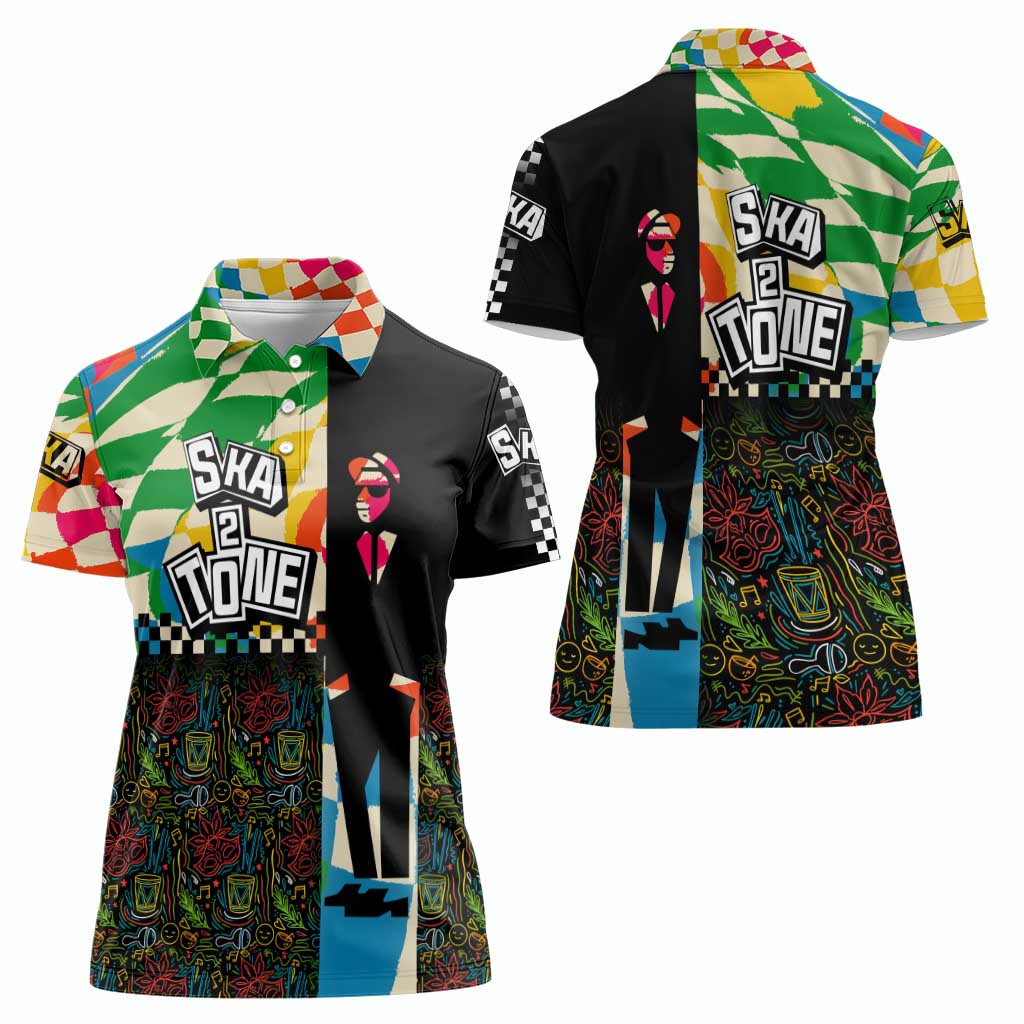 Ska Two Tone Women Polo Shirt with Colorful Checkerboard Music Art Carnival Festival - Wonder Print Shop