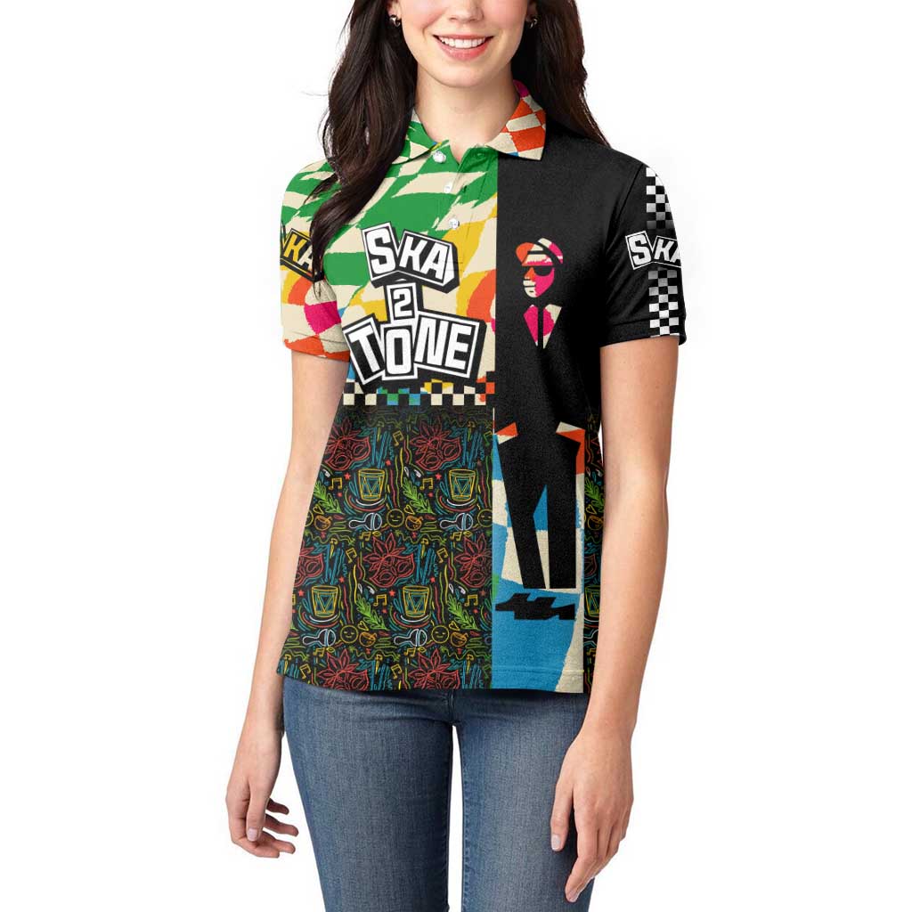 Ska Two Tone Women Polo Shirt with Colorful Checkerboard Music Art Carnival Festival - Wonder Print Shop