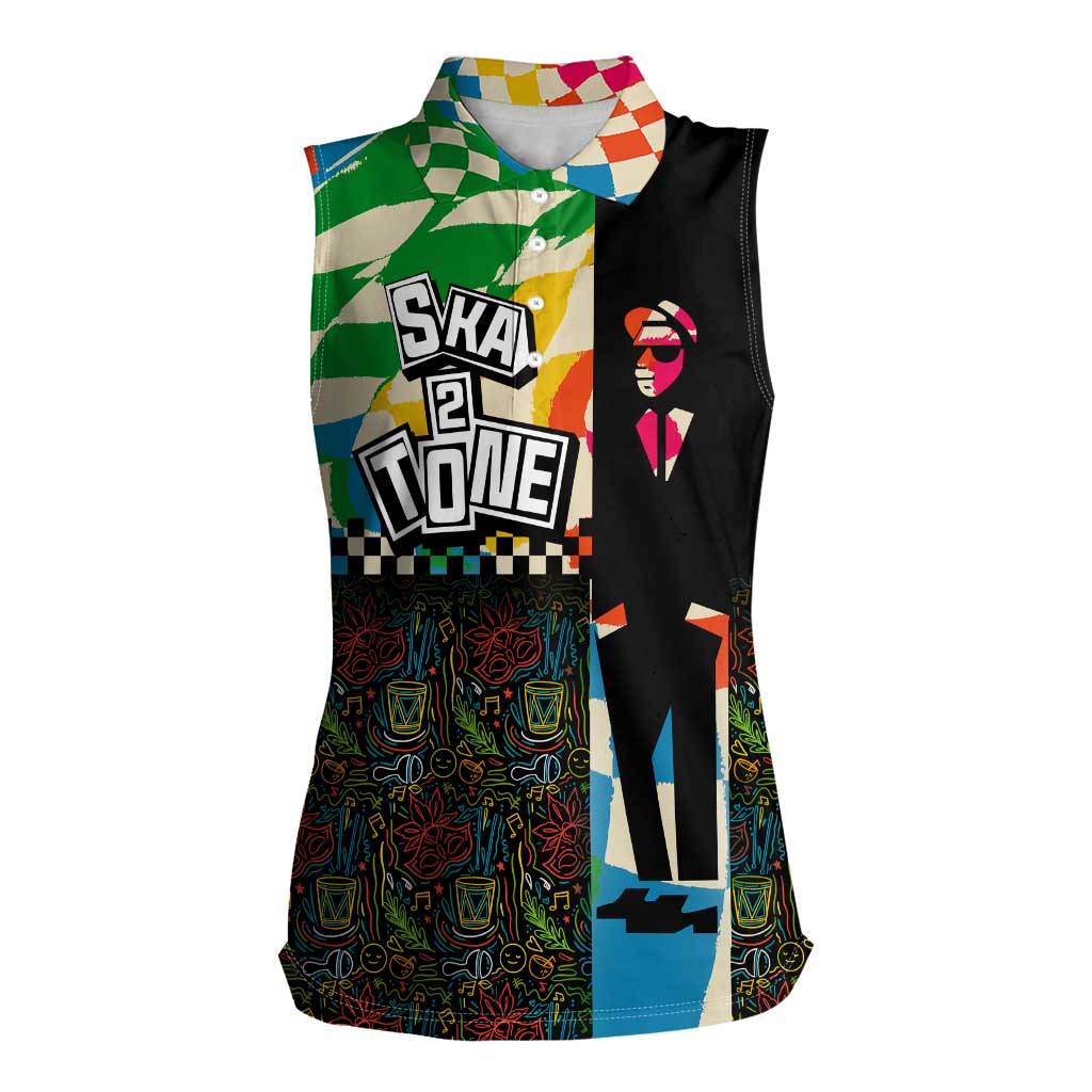 Ska Two Tone Women Sleeveless Polo Shirt with Colorful Checkerboard Music Art Carnival Festival - Wonder Print Shop