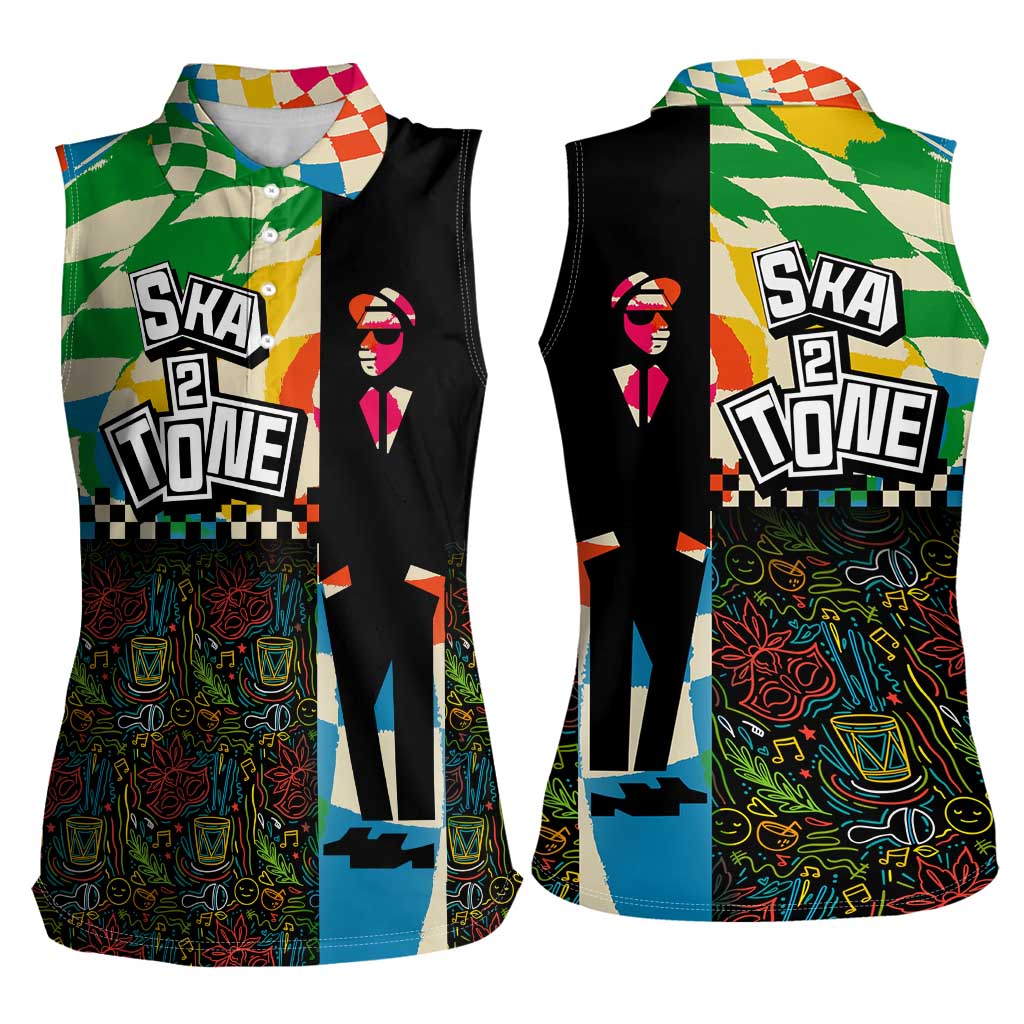 Ska Two Tone Women Sleeveless Polo Shirt with Colorful Checkerboard Music Art Carnival Festival - Wonder Print Shop