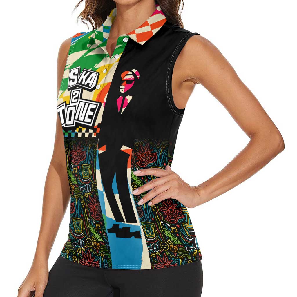 Ska Two Tone Women Sleeveless Polo Shirt with Colorful Checkerboard Music Art Carnival Festival - Wonder Print Shop