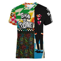 Ska Two Tone Women V-Neck T-Shirt with Colorful Checkerboard Music Art Carnival Festival - Wonder Print Shop