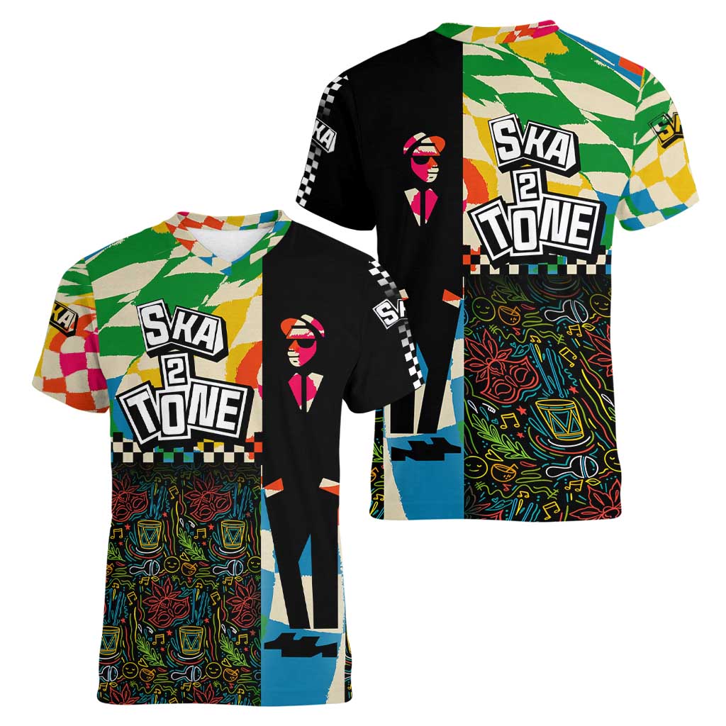 Ska Two Tone Women V-Neck T-Shirt with Colorful Checkerboard Music Art Carnival Festival - Wonder Print Shop