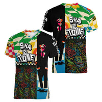 Ska Two Tone Women V-Neck T-Shirt with Colorful Checkerboard Music Art Carnival Festival - Wonder Print Shop