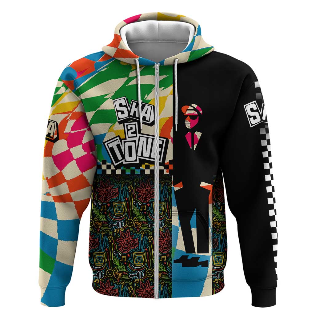 Ska Two Tone Zip Hoodie with Colorful Checkerboard Music Art Carnival Festival - Wonder Print Shop