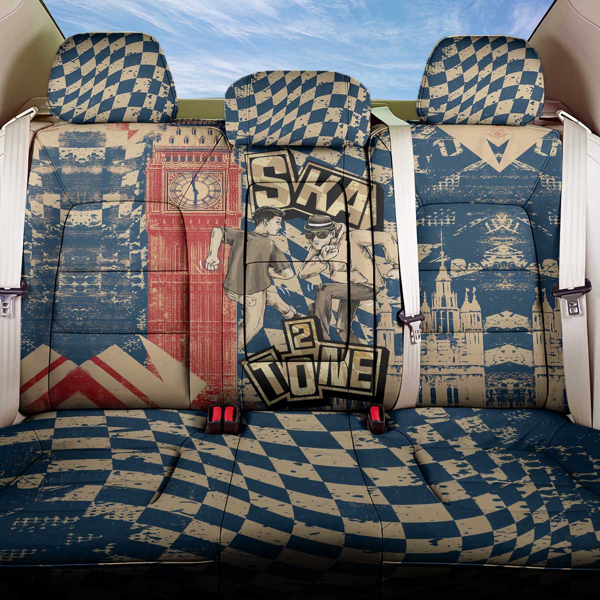 Ska 2 Tone Back Car Seat Cover Big Ben Dance Two Tone Blue Checkerboard - Wonder Print Shop
