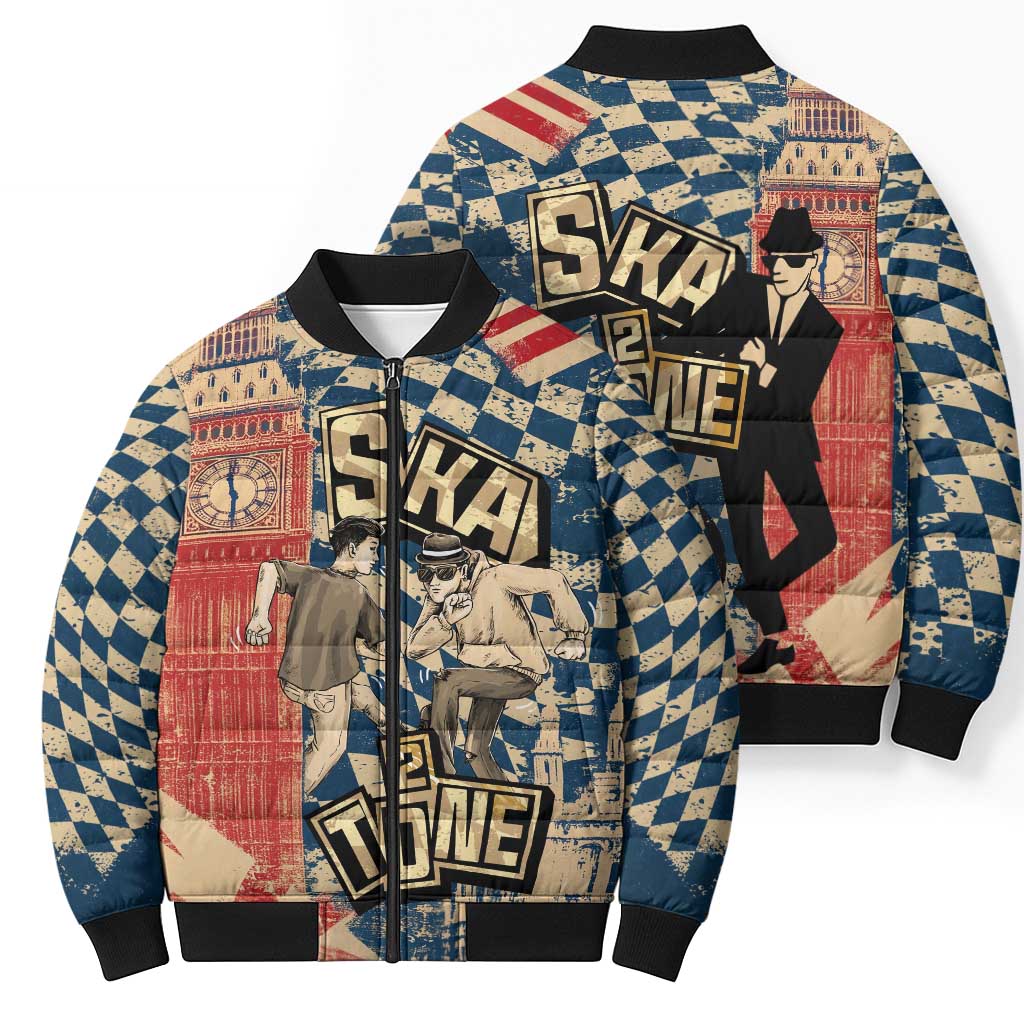 Ska 2 Tone Bomber Puffer Jacket Big Ben Dance Two Tone Blue Checkerboard - Wonder Print Shop