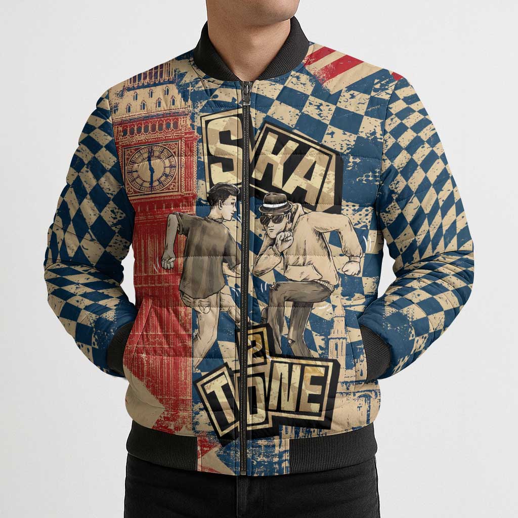 Ska 2 Tone Bomber Puffer Jacket Big Ben Dance Two Tone Blue Checkerboard - Wonder Print Shop