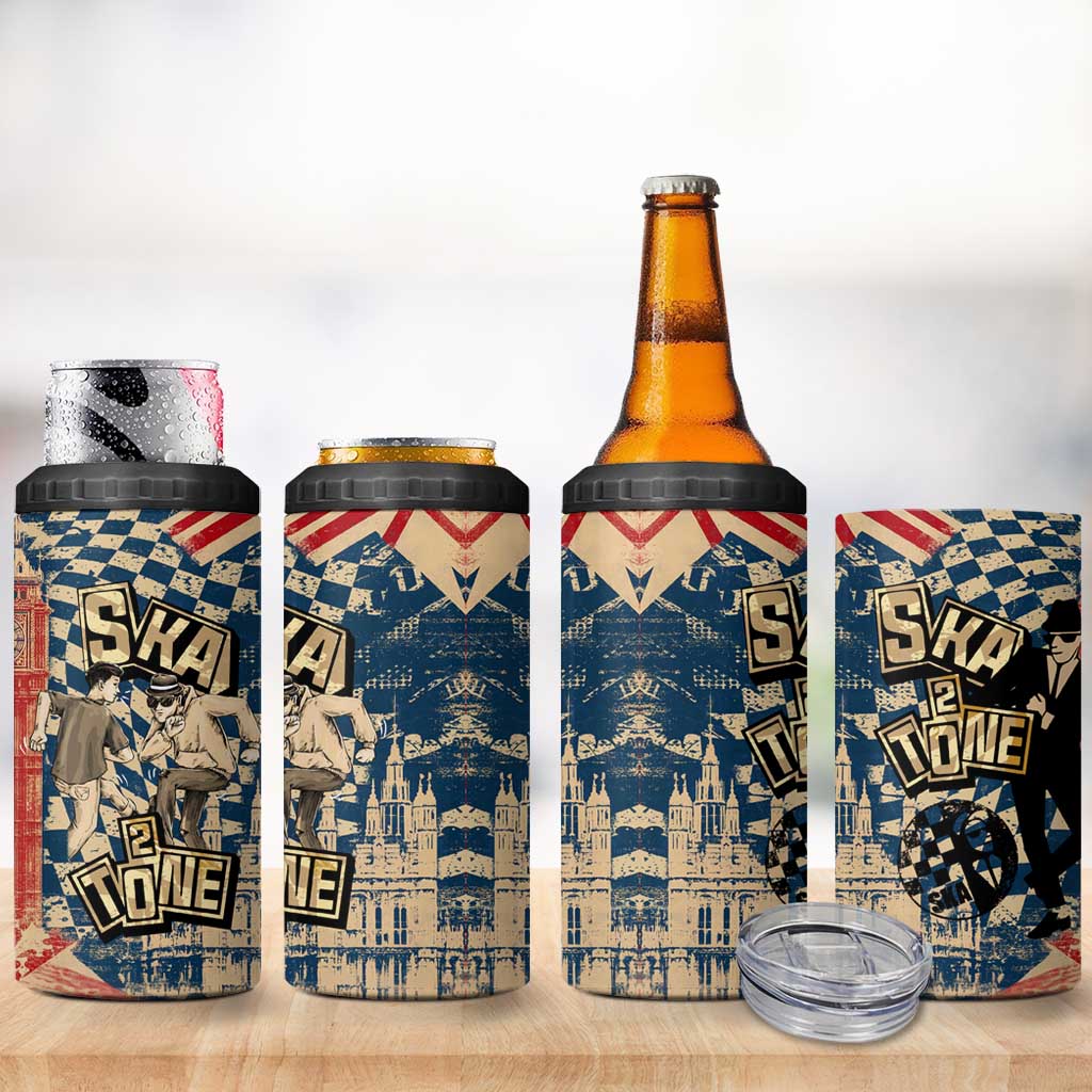 Ska 2 Tone 4 in 1 Can Cooler Tumbler Big Ben Dance Two Tone Blue Checkerboard - Wonder Print Shop