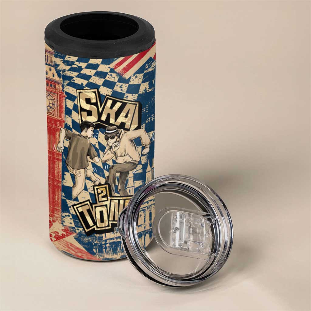 Ska 2 Tone 4 in 1 Can Cooler Tumbler Big Ben Dance Two Tone Blue Checkerboard - Wonder Print Shop