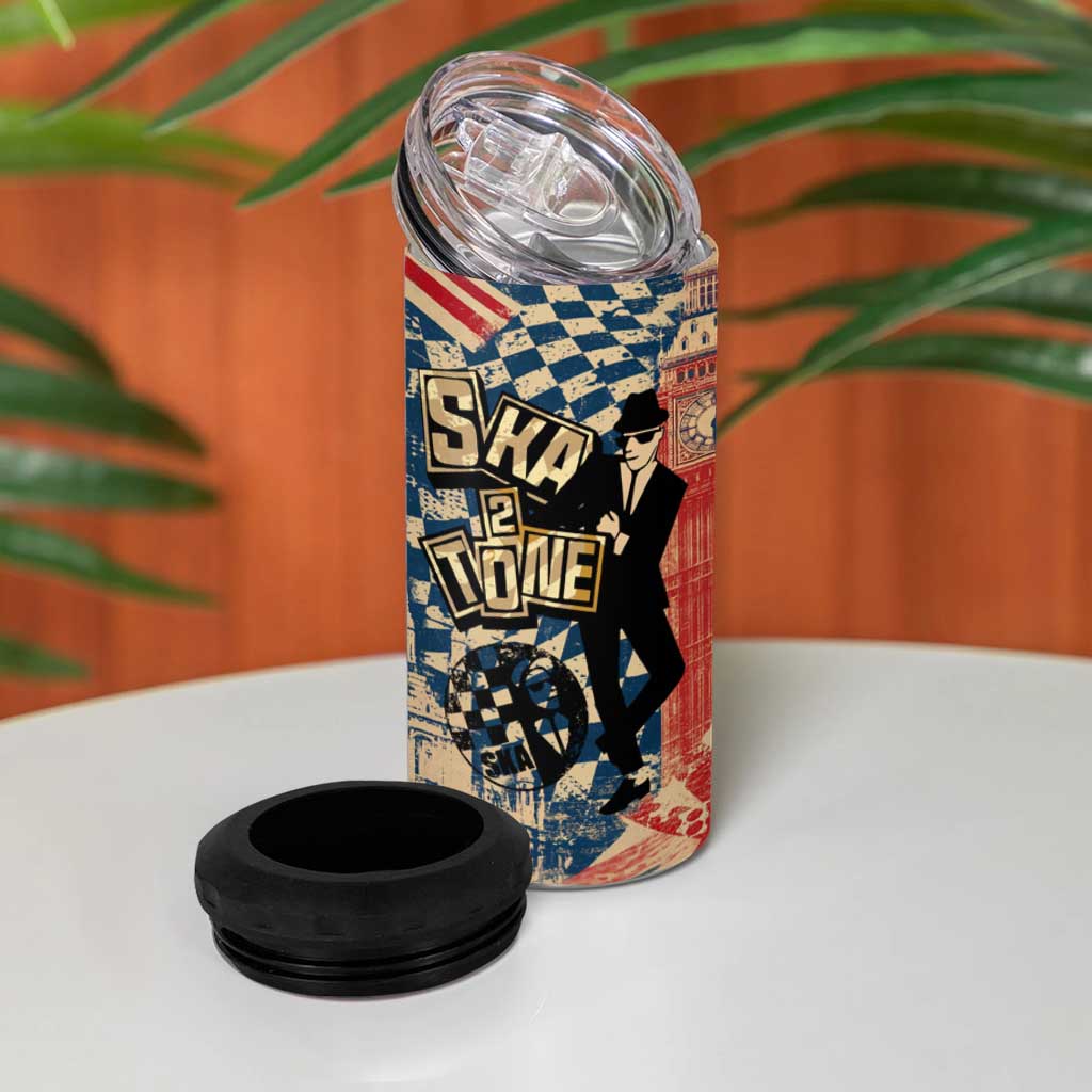 Ska 2 Tone 4 in 1 Can Cooler Tumbler Big Ben Dance Two Tone Blue Checkerboard - Wonder Print Shop