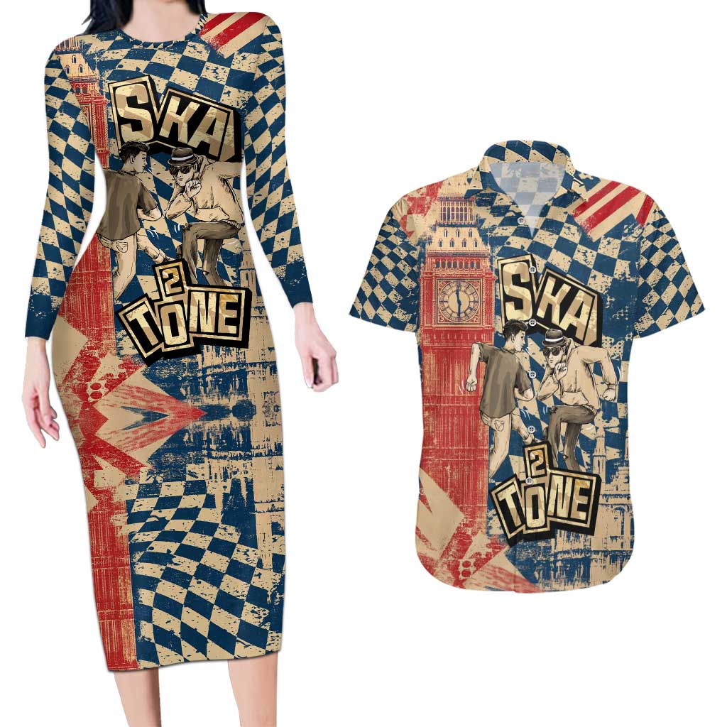 Ska 2 Tone Couples Matching Long Sleeve Bodycon Dress and Hawaiian Shirt Big Ben Dance Two Tone Blue Checkerboard - Wonder Print Shop