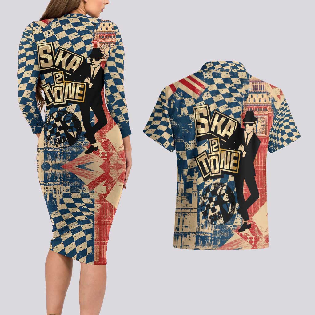 Ska 2 Tone Couples Matching Long Sleeve Bodycon Dress and Hawaiian Shirt Big Ben Dance Two Tone Blue Checkerboard - Wonder Print Shop