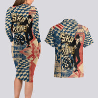 Ska 2 Tone Couples Matching Long Sleeve Bodycon Dress and Hawaiian Shirt Big Ben Dance Two Tone Blue Checkerboard - Wonder Print Shop