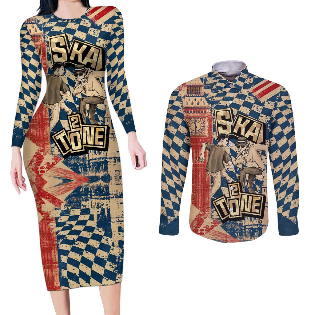 Ska 2 Tone Couples Matching Long Sleeve Bodycon Dress and Long Sleeve Button Shirt Big Ben Dance Two Tone Blue Checkerboard - Wonder Print Shop