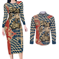 Ska 2 Tone Couples Matching Long Sleeve Bodycon Dress and Long Sleeve Button Shirt Big Ben Dance Two Tone Blue Checkerboard - Wonder Print Shop