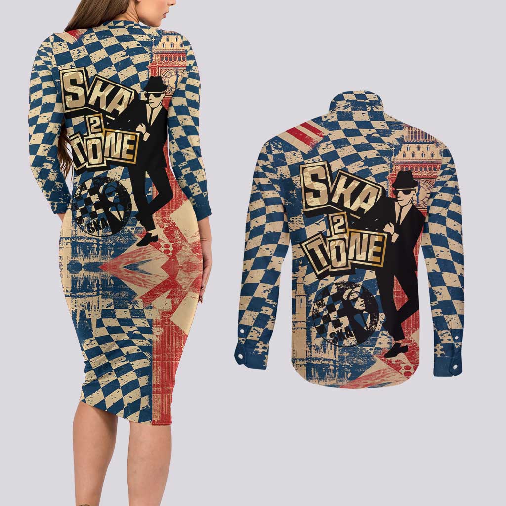 Ska 2 Tone Couples Matching Long Sleeve Bodycon Dress and Long Sleeve Button Shirt Big Ben Dance Two Tone Blue Checkerboard - Wonder Print Shop