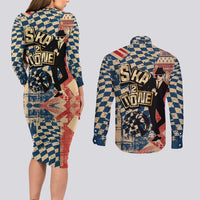 Ska 2 Tone Couples Matching Long Sleeve Bodycon Dress and Long Sleeve Button Shirt Big Ben Dance Two Tone Blue Checkerboard - Wonder Print Shop