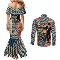 Ska 2 Tone Couples Matching Mermaid Dress and Long Sleeve Button Shirt Big Ben Dance Two Tone Blue Checkerboard - Wonder Print Shop