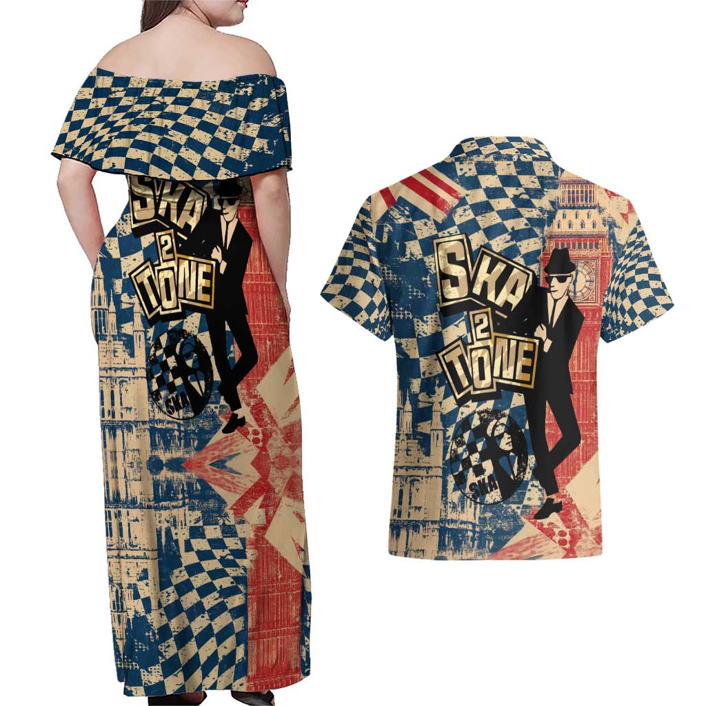 Ska 2 Tone Couples Matching Off Shoulder Maxi Dress and Hawaiian Shirt Big Ben Dance Two Tone Blue Checkerboard - Wonder Print Shop