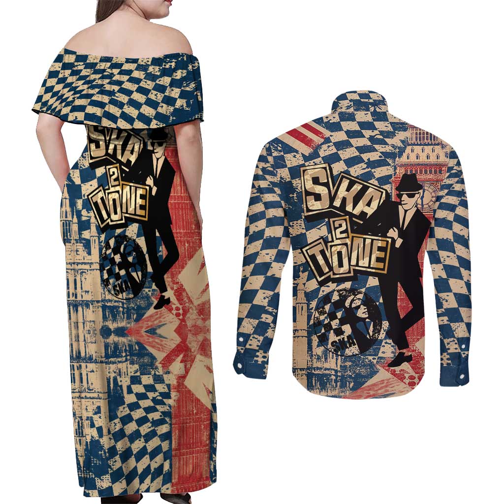Ska 2 Tone Couples Matching Off Shoulder Maxi Dress and Long Sleeve Button Shirt Big Ben Dance Two Tone Blue Checkerboard - Wonder Print Shop