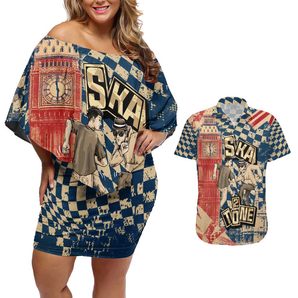Ska 2 Tone Couples Matching Off Shoulder Short Dress and Hawaiian Shirt Big Ben Dance Two Tone Blue Checkerboard - Wonder Print Shop
