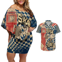 Ska 2 Tone Couples Matching Off Shoulder Short Dress and Hawaiian Shirt Big Ben Dance Two Tone Blue Checkerboard - Wonder Print Shop