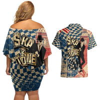 Ska 2 Tone Couples Matching Off Shoulder Short Dress and Hawaiian Shirt Big Ben Dance Two Tone Blue Checkerboard - Wonder Print Shop