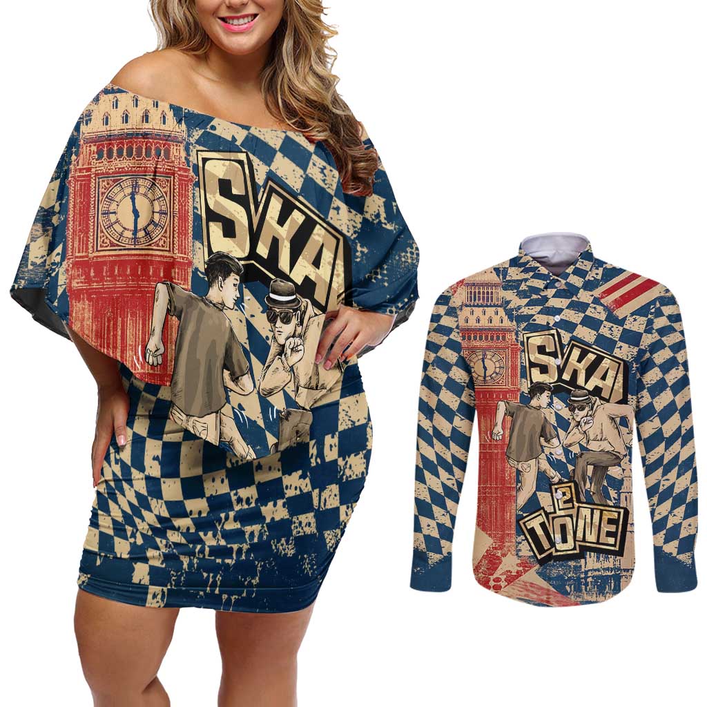 Ska 2 Tone Couples Matching Off Shoulder Short Dress and Long Sleeve Button Shirt Big Ben Dance Two Tone Blue Checkerboard - Wonder Print Shop
