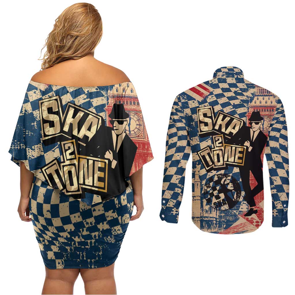 Ska 2 Tone Couples Matching Off Shoulder Short Dress and Long Sleeve Button Shirt Big Ben Dance Two Tone Blue Checkerboard - Wonder Print Shop