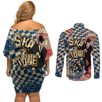 Ska 2 Tone Couples Matching Off Shoulder Short Dress and Long Sleeve Button Shirt Big Ben Dance Two Tone Blue Checkerboard - Wonder Print Shop