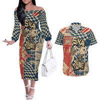 Ska 2 Tone Couples Matching Off The Shoulder Long Sleeve Dress and Hawaiian Shirt Big Ben Dance Two Tone Blue Checkerboard - Wonder Print Shop